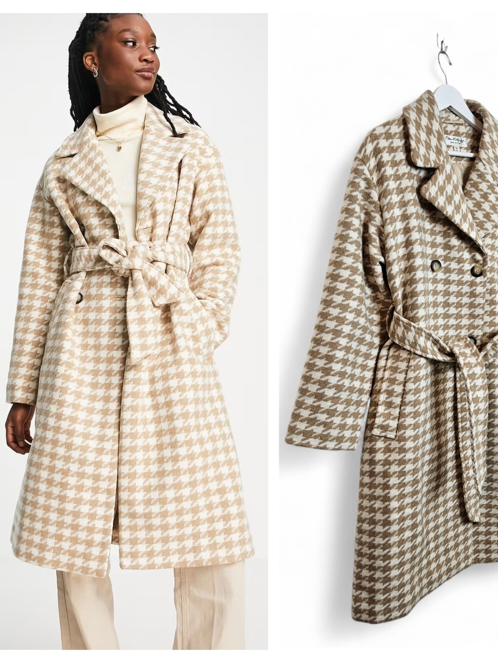 Miss Selfridge Coat 10 Houndstooth Double Breasted Belted Wrap Camel Brown Tan